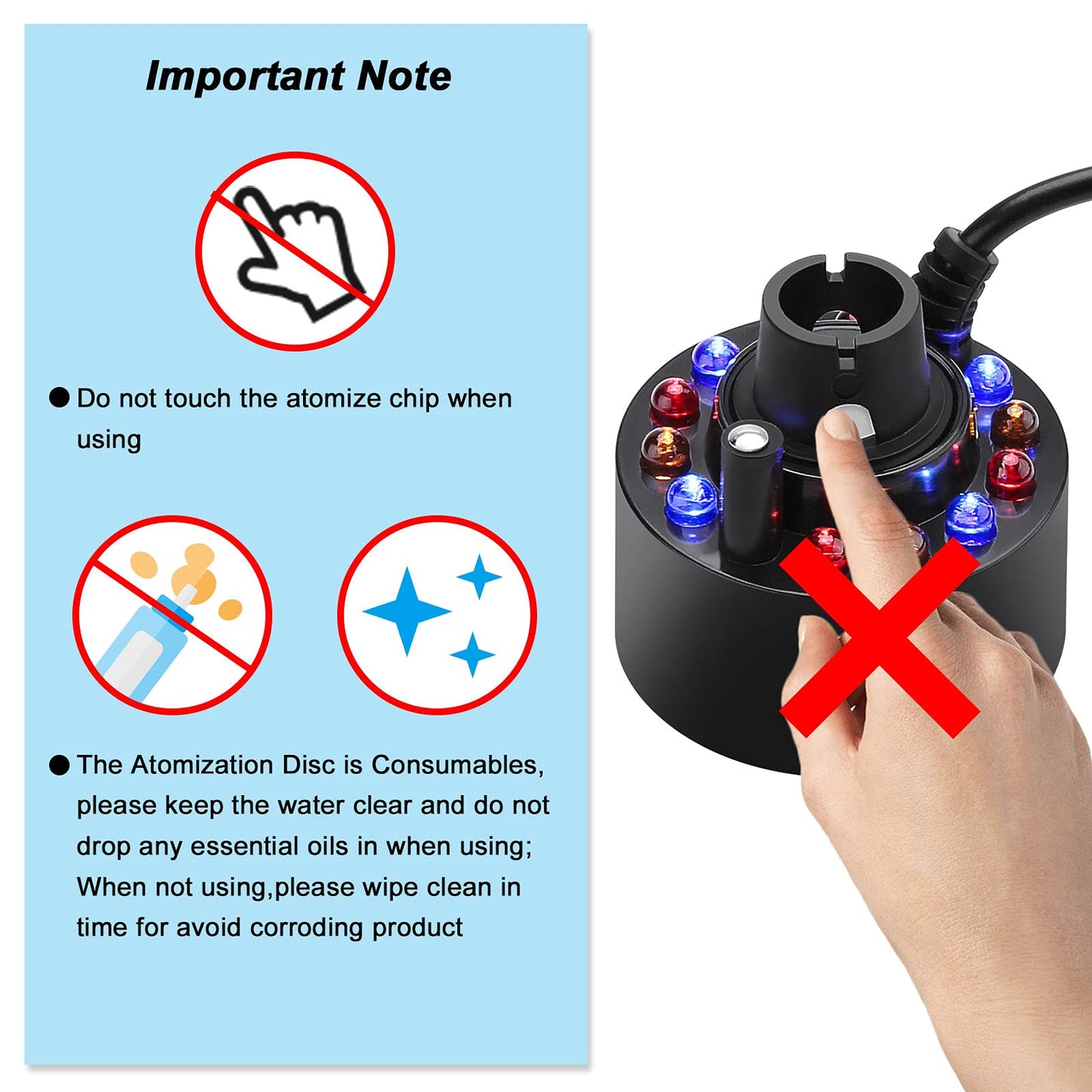 FITNATE 350ml/H Ultrasonic Mist Maker Fogger Atomizer with LED Changing Light for Water Fountain Pond Pot Rockery Sink, with Removable Splash Guard,Atomized disc and Changing Tools