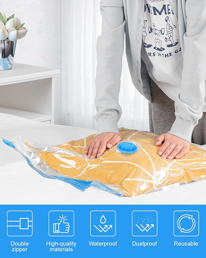 Jumbo Vacuum Sealed Bags 12 Pack - Space Saver Compression Bags for Travel with 1 Electric Pump