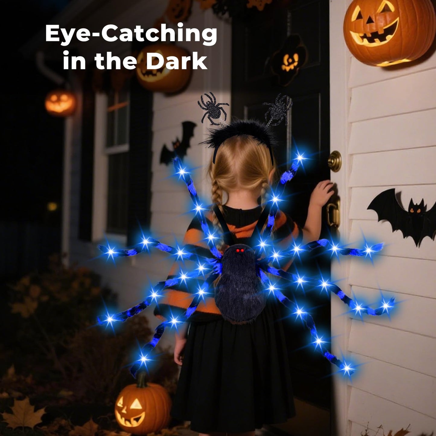 Thuodo Halloween Giant Spider Costume for Kids Adults, Blue 60 LED Light-Up Spider Candy Backpack with Headband Halloween Decorations and Party Props– Battery Required