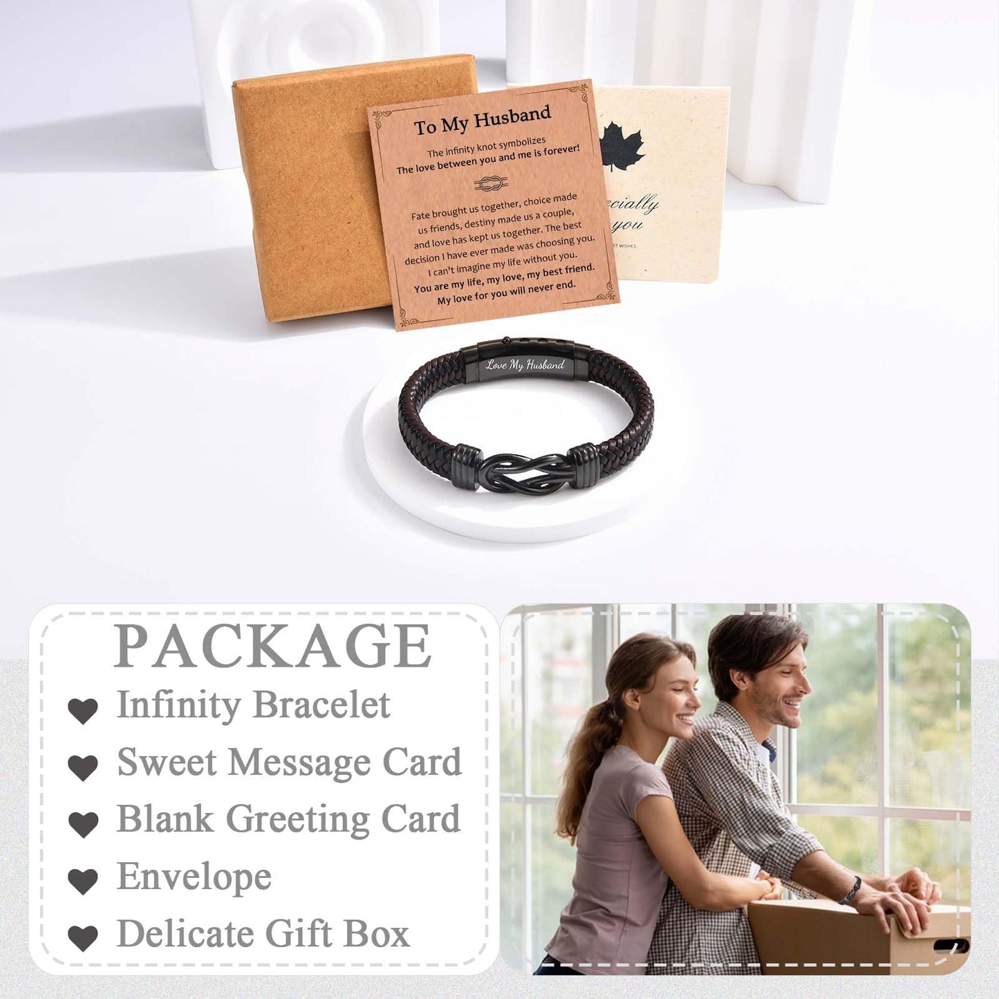 Gifts for Husband Gifts from Wife, To My Husband Brown Infinity Leather Bracelet for Men as Christmas Valentines Fathers Birthday Easter Anniversary Thanksgiving Gifts for Him Men