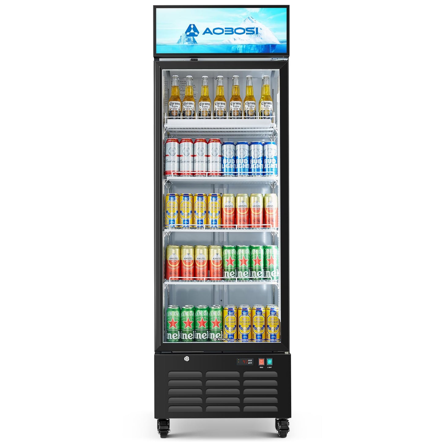 AAOBOSI Commercial Merchandiser Refrigerator,17.1 Cu.Ft Glass Door Display Refrigerator,Upright Beverage Cooler Fridge with Soft LED Light, Customizable Lightbox,Universal Casters,Adjustable Shelves
