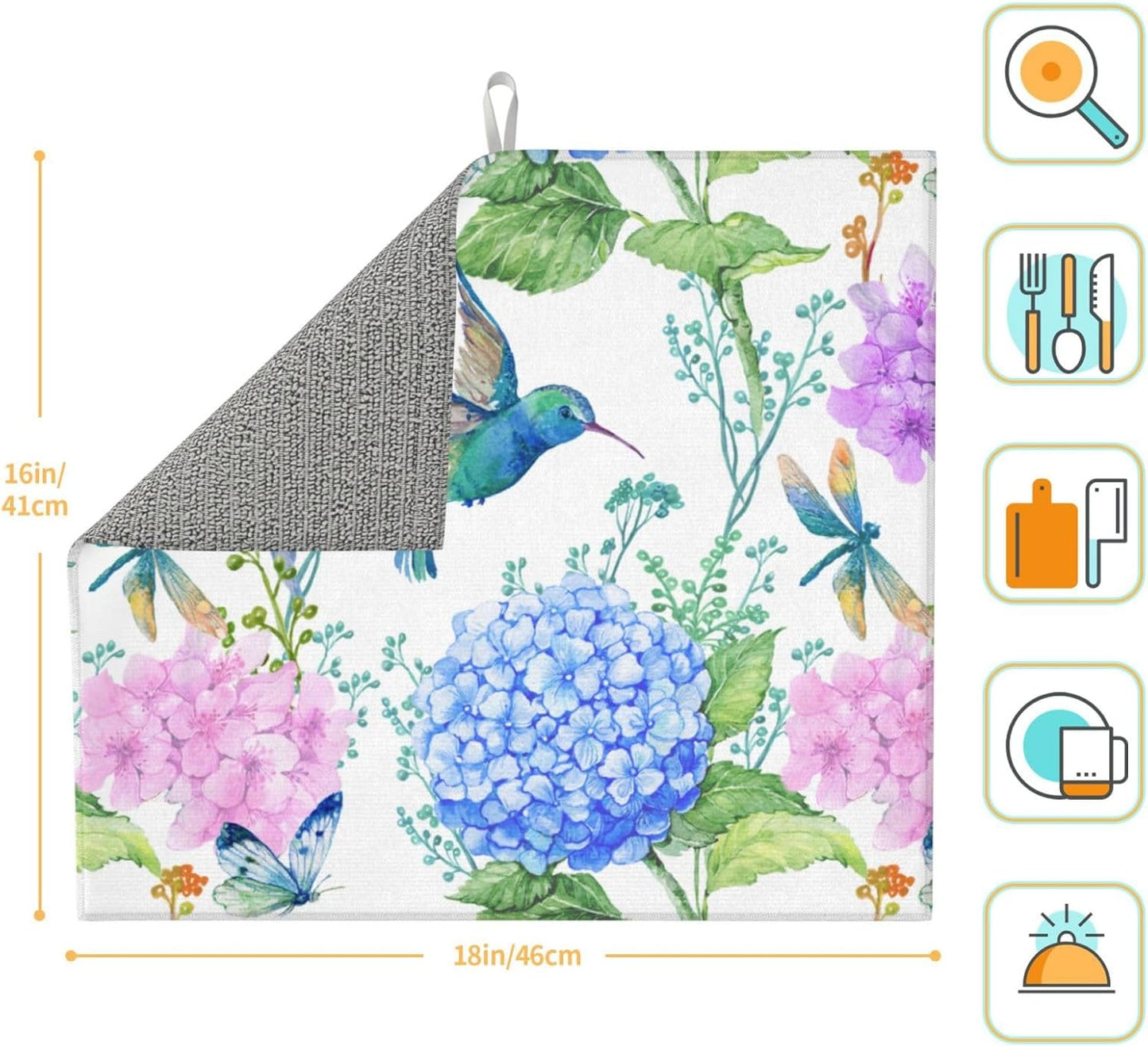 Dish Drying Mat Spring Hummingbird Flower Hydrangea for Kitchen Counter Absorbent Dishes Drainer Microfiber Small 16x18 Inch