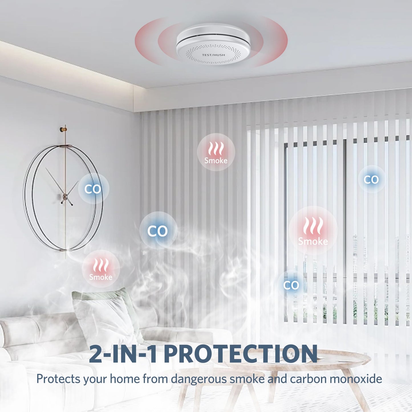 6 Pack Combination Smoke and Carbon Monoxide Detectors, HATHEPHS 10 Years Battery Dual Sensor Fire and CO Alarms with Large Test/Silence Button