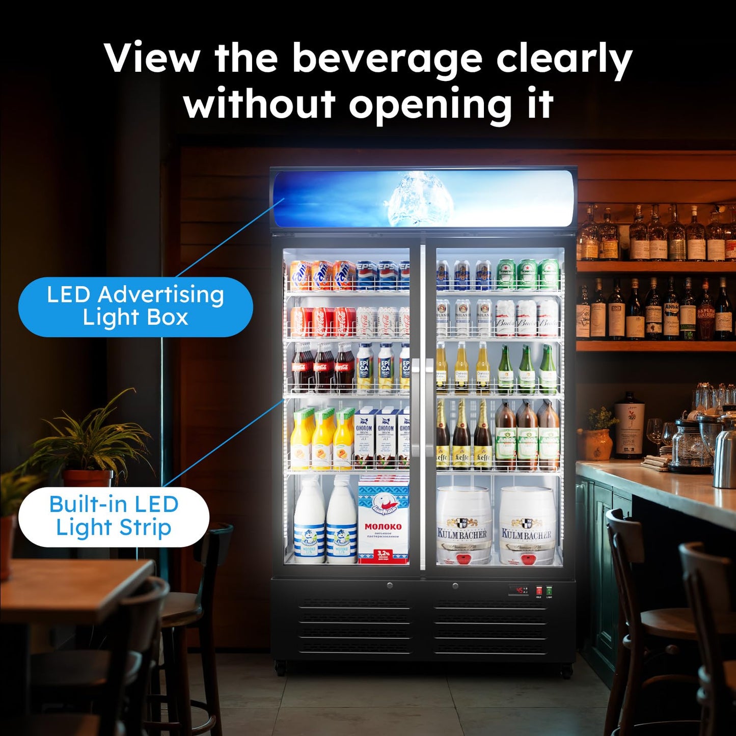 44"W ETL & DOE Certified 28 Cu Ft Commercial Merchandiser Refrigerators 2 Doors, Display Beverage Fridge with Built-in LED Light & Front LED Light,Double Glass Door Upright Business Retail Cooler