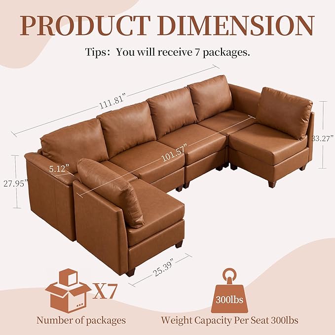 Modular Sectional Sofa,Modern U Shaped Sectional Couches for Living Room,6 Seat PU Leather Deep Seat Sectional Cloud Couch with Storage