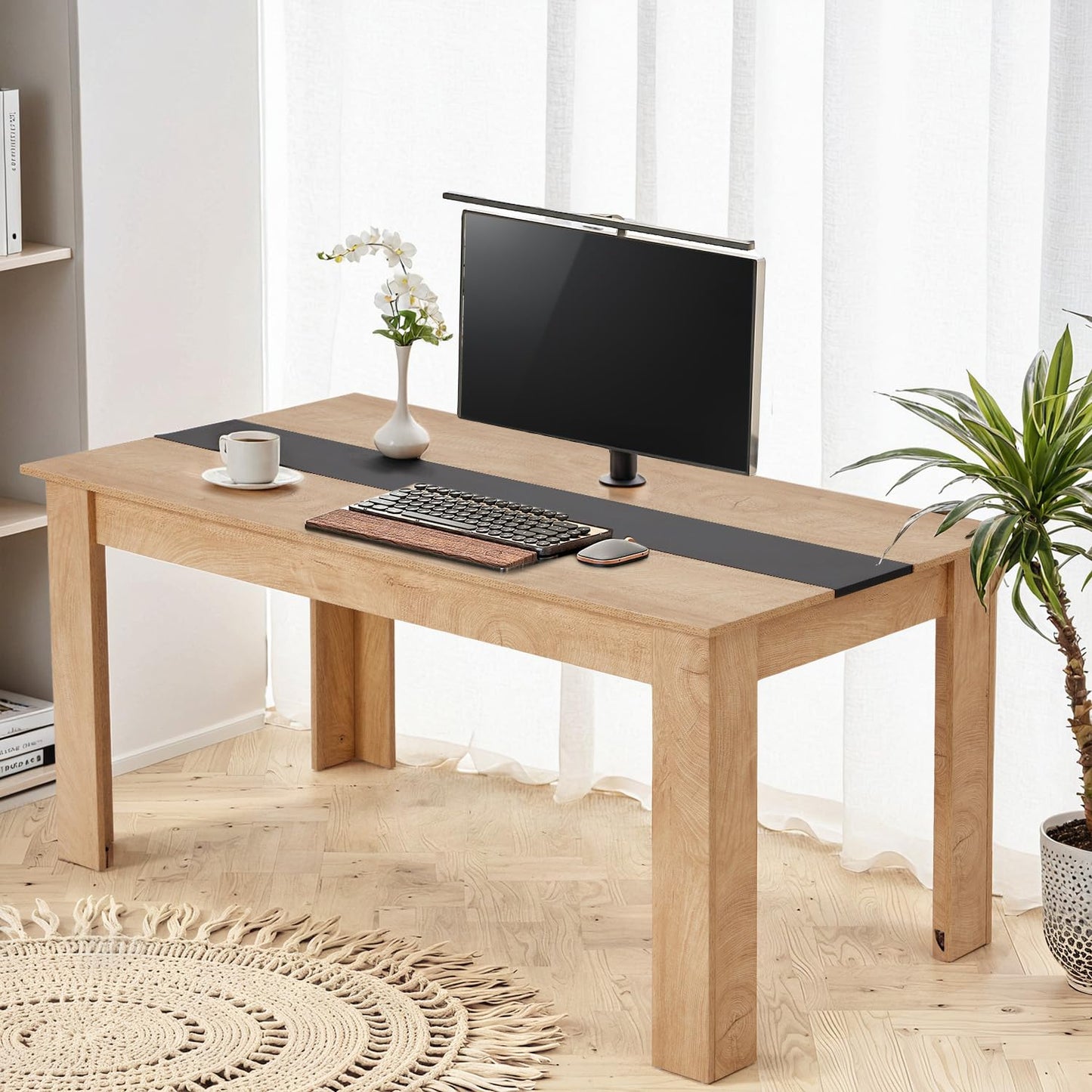 ECOTOUGE 63" Modern Computer Desk, Large Home Office Desk with L-Shaped Legs, Wooden Rustic Writing Table Workstation for Office, Study, Gaming, Natural & Black