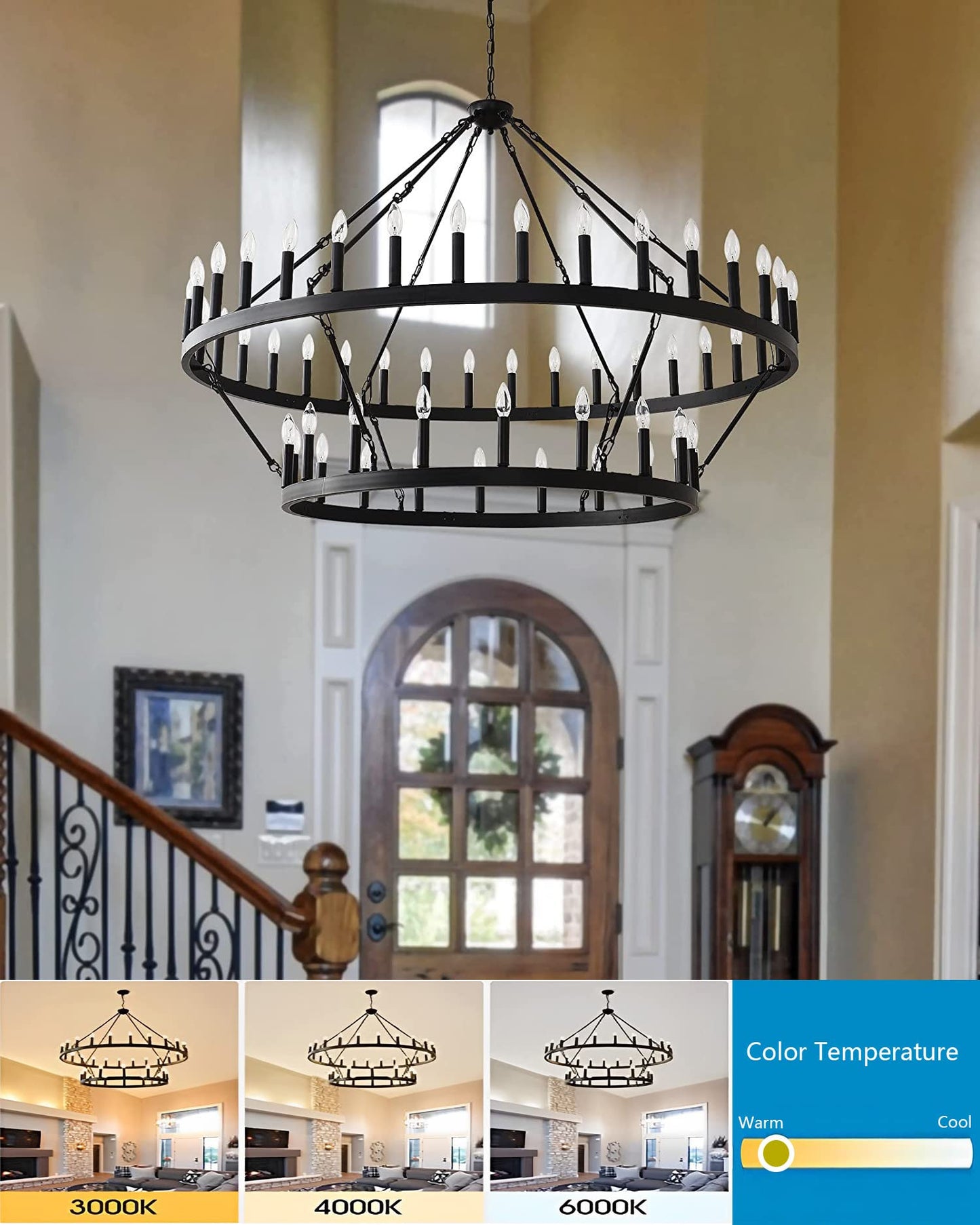 JKLX 60 Inch Large Black Wagon Wheel Chandelier,2 Tier 54-Lights Farmhouse Industrial Country Style Round Pendant Light Fixture for Outdoor Porch high Ceilings Living Dining Room Foyer Entryway