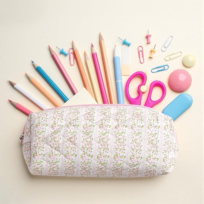 Paterr Aesthetic Floral Makeup Bag Travel Cosmetic Bag for Women Gift Christmas Portable Quilted Makeup Pouch Cotton Pencil Case Kawaii Cute Toiletry Organizer Case for Women Girls(Pink Floral)