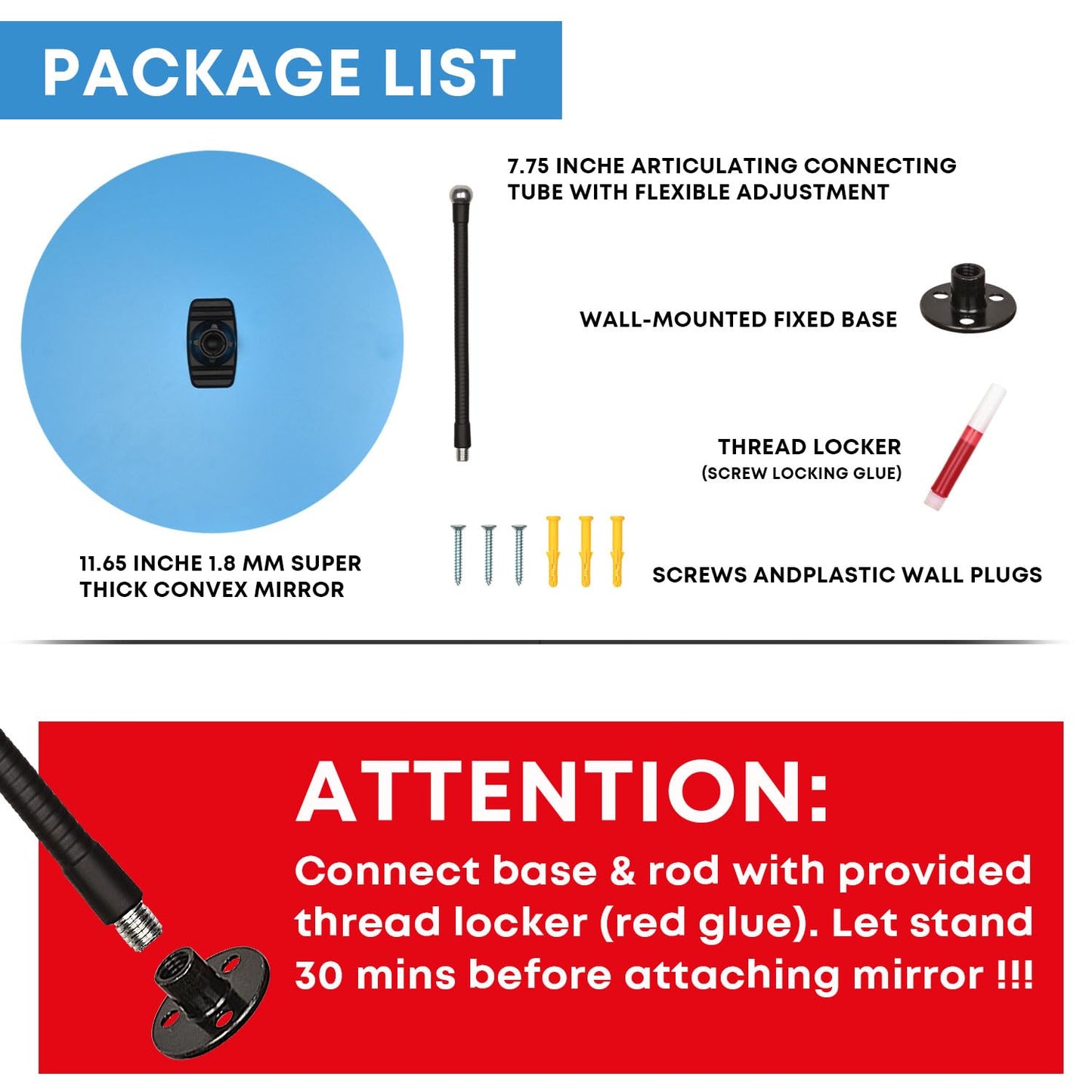11.65 Inch Frameless 1.8mm Thick Acrylic Convex Mirror - Adjustable Wide Angle View Indoor Security Mirror for Garage Parking Warehouse Office and Corner Security Traffic