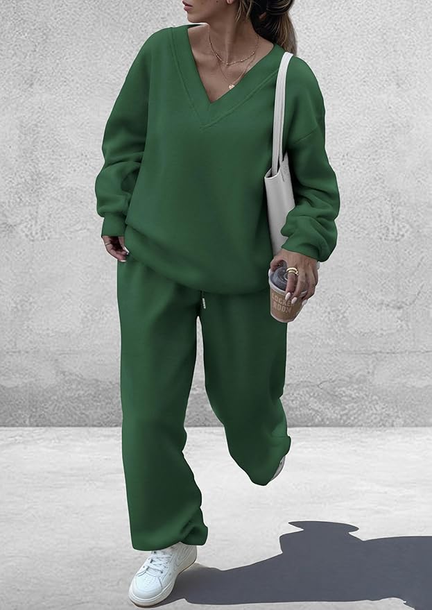 PRETTYGARDEN Casual Winter Two Piece Sets for Women 2026 V Neck Sweatshirt Loose Wide Leg Pants Tracksuit Knit Fall Outfits