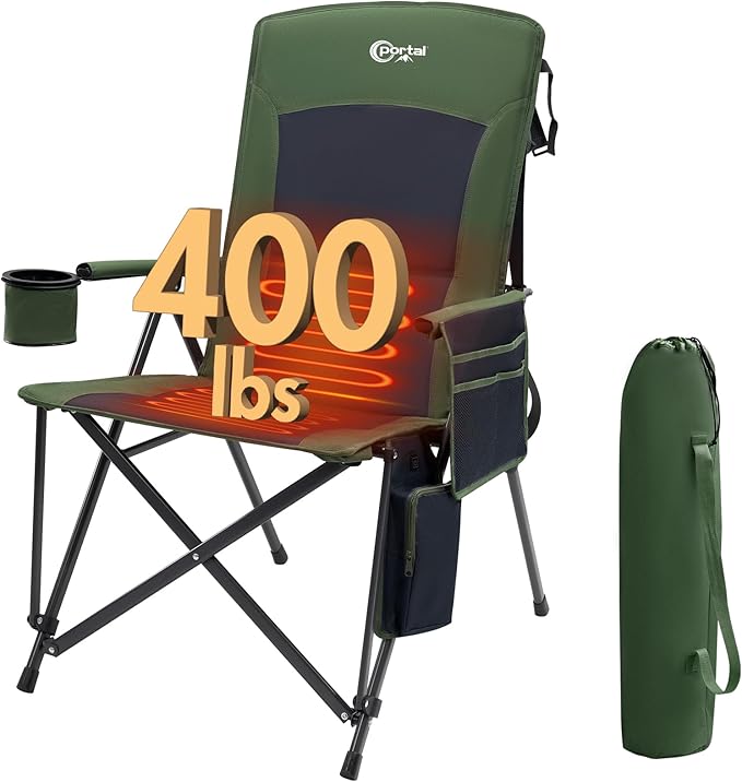Portal Heated Camping Chairs for Adults Outdoor Sports Oversized Folding Lawn Chair with High Back, Heavy Duty 400 Lbs, Ba...