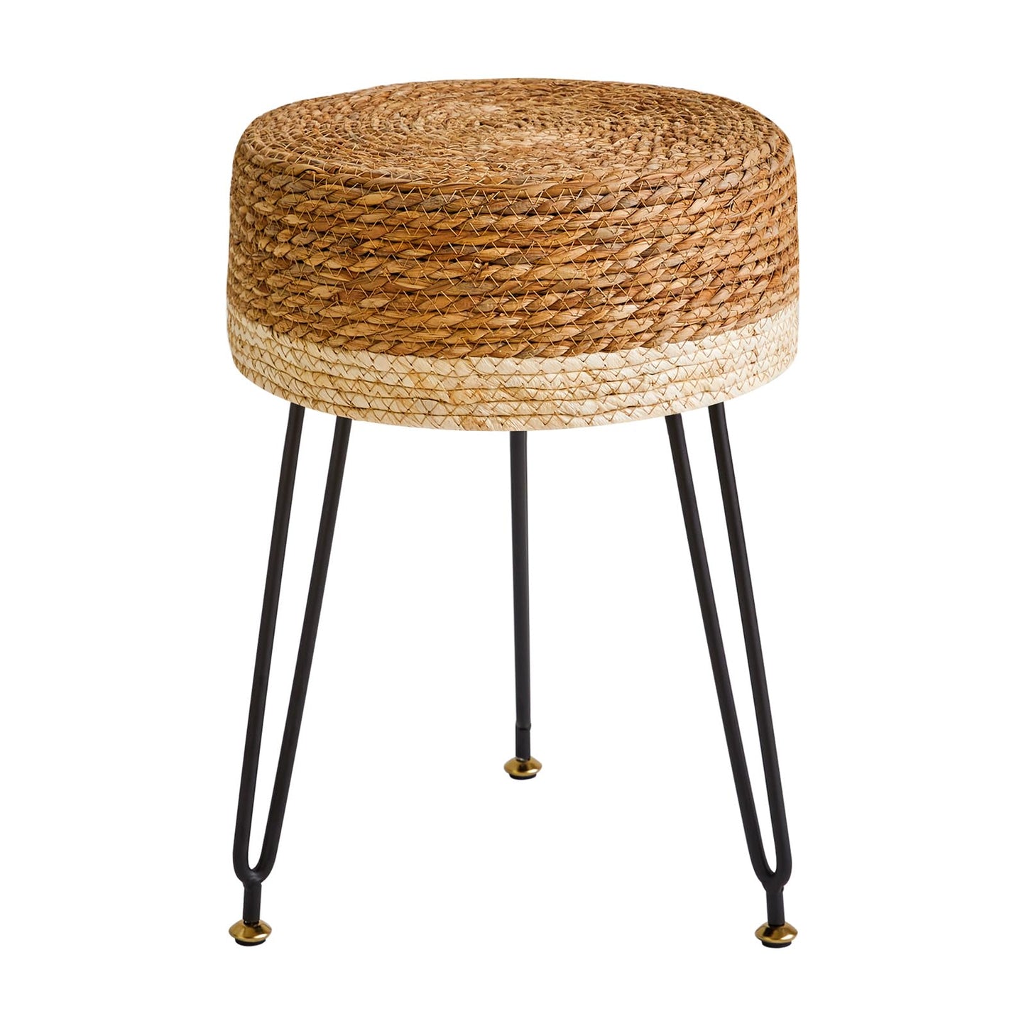 YMYNY Pouf Ottoman, Handmade Natural Water Hyacinth, Pastoral Style Footrest, Footstool with 4 Metal Legs Round Vanity Stool for Bedroom, Hallway, Living Room 12.59"L×12.59"W×17.71"H White UHBD029W