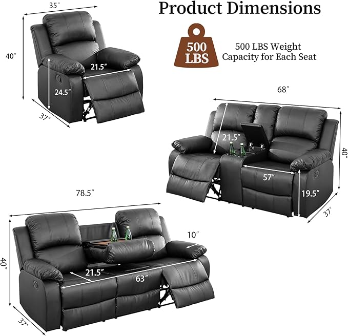 Saxum Tegmen Living Room Furniture Sets, 3 Pieces Sectional Leather Couch Set, Adjustable Recliner Sofa Sets for Living Room/Office (Chair, Loveseat & Sofa, Black)