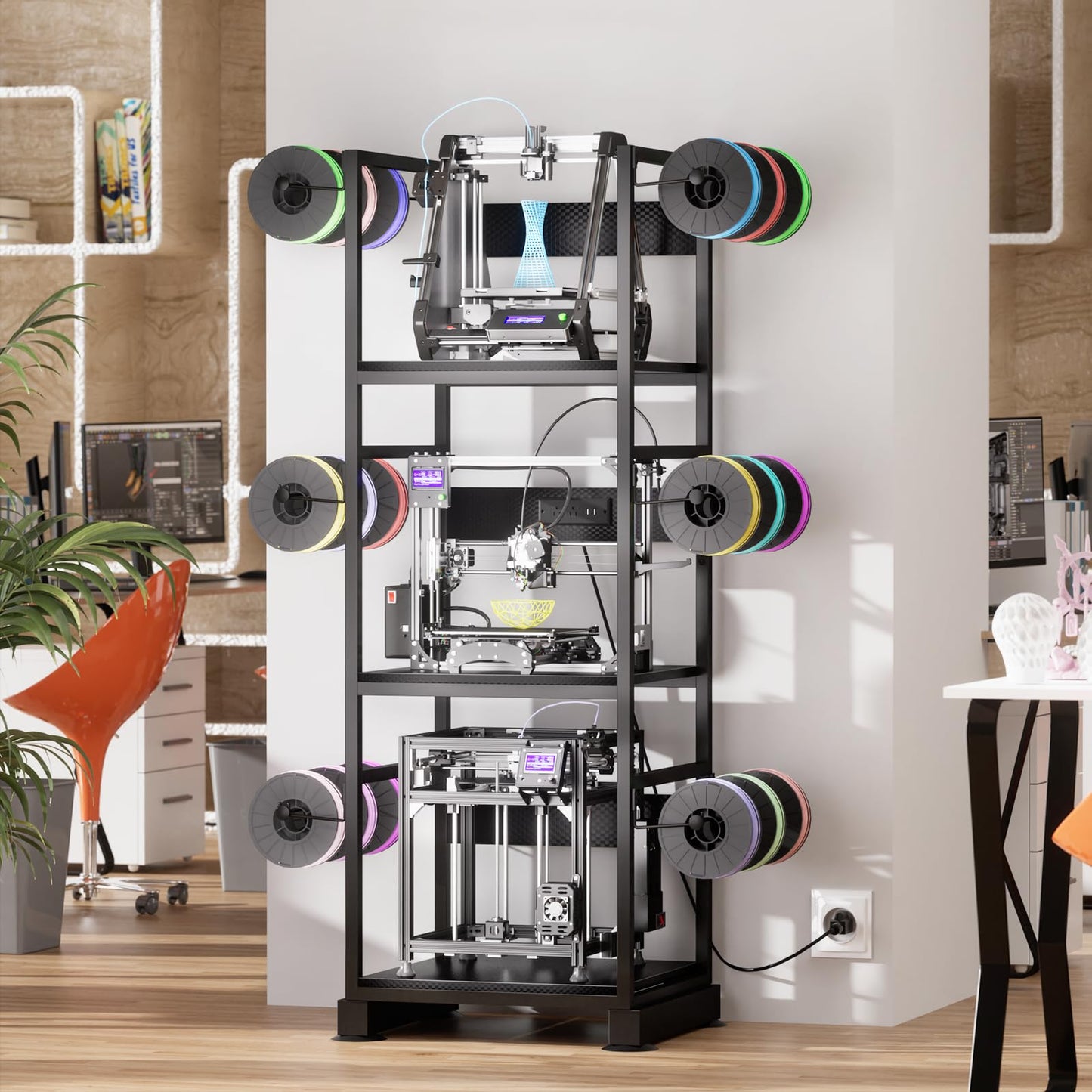 MILEFA 3DPrinter Stand with Filament Storage,3D Printer Rack with Power Outlet,Heavy-Duty 3D Print Storage Shelf for ABS/PLA/TPU Filament Spools,Perfect for 3D Printing Workshops,Carbon Fiber Black
