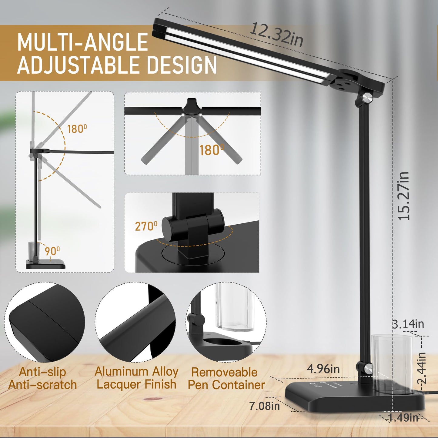 CHARYJOD Dimmable LED Desk Lamp with USB Charging Port, 50 Lighting Modes Dual Swing Arm Architect Table Lamp Light Desk Lamp for Home Office Dorm Piano Nail