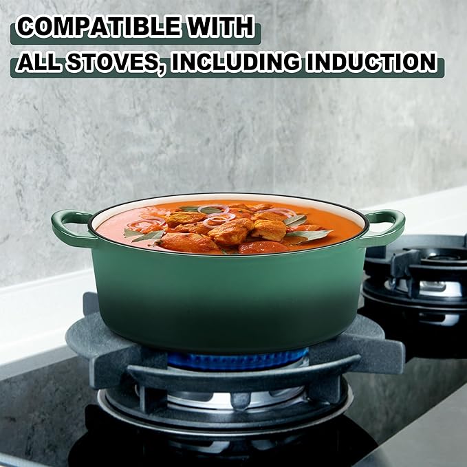 E-far 5QT Oval Dutch Oven Pot with Lid, Enameled Cast Iron Dutch Oven with Dual Handles, Heavy-Duty Cookware for Sourdough Bread Baking, Braising, Stews, Oven Safe & Easy Clean, Dark Green