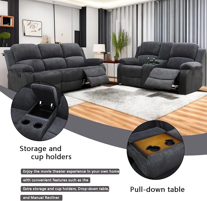 A Ainehome Living Room Furniture Set Grey Corduroy Recliner Sofa Set Loveseat Chair Furniture Sofa Set for Living Room/Rv/House/Office/Theater Seating (A-Dark Grey Corduroy, Sofa+Loveseat)