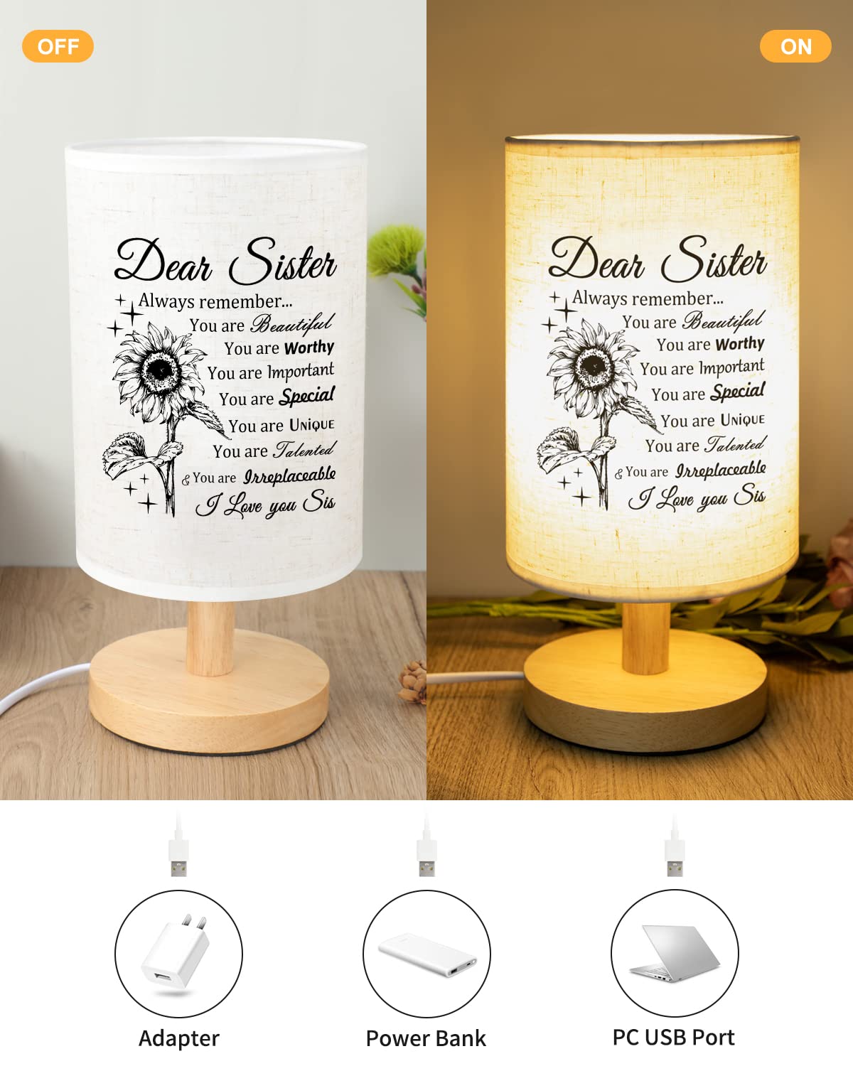 Calibron Sister Gifts, Sister Birthday Gifts Fabric Lamp, Birthday Gifts for Sister, Sisters Gifts from Sister Table Lamp with Wooden Stand, Anniversary Wedding Gifts for Sister