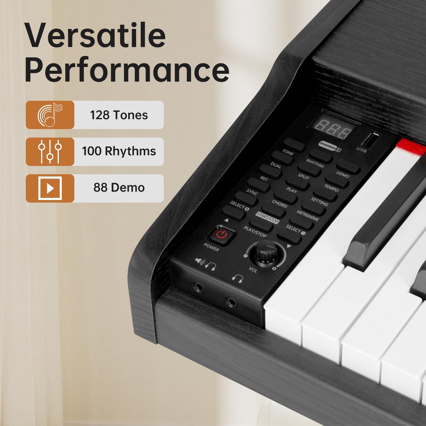 MOSEN Piano Keyboard 88 Keys, Beginner Digital Piano with 88 Key Velocity-Sensitive Keyboard Full Size, Record, Chord, Piano Stickers, Sustain Pedal, Retro Wood Finish Black