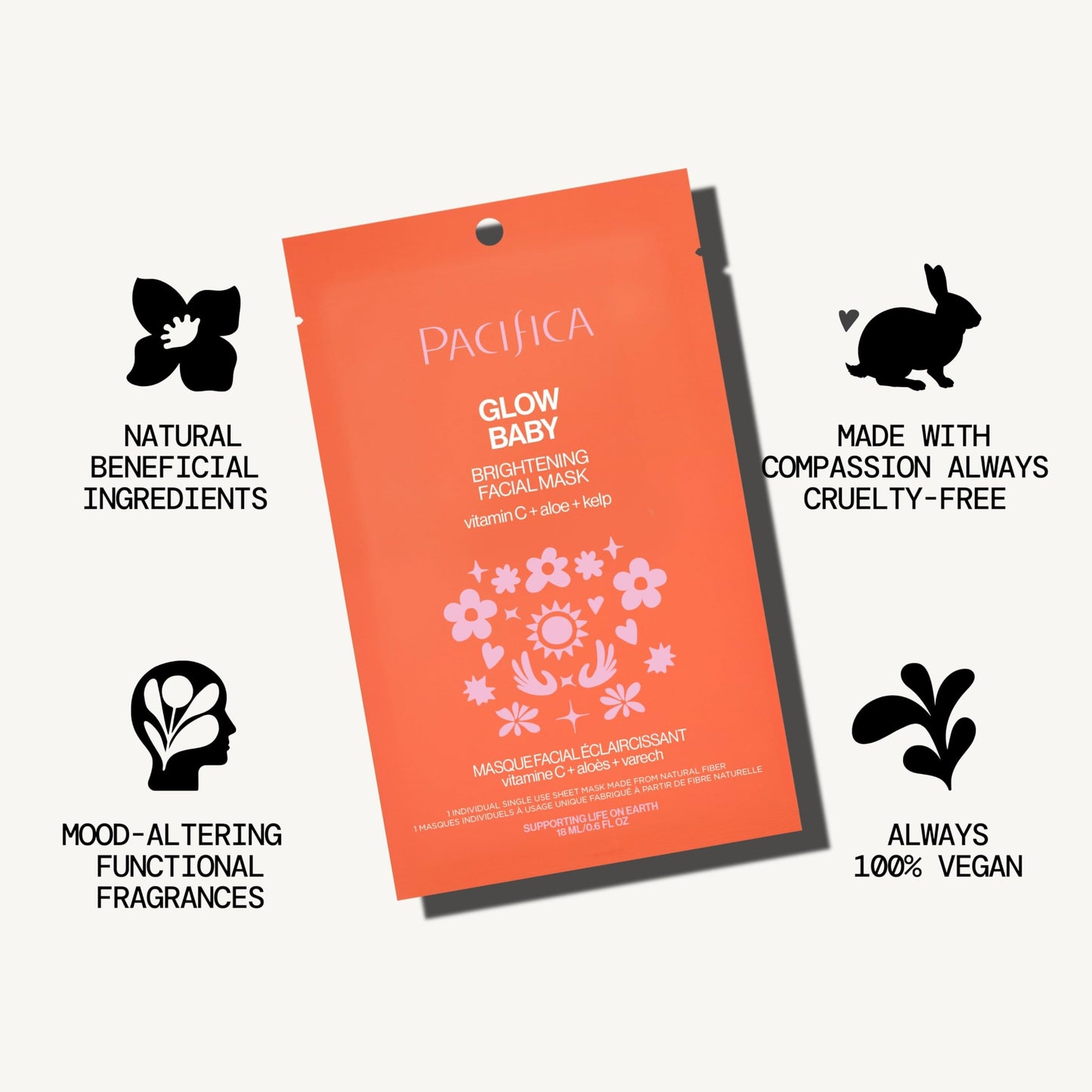 Pacifica Sheet Face Mask - 12 Pack - Glow Baby Brightening Facial Mask w/Vitamin C, Aloe & Kelp - Cooling Mask for Dark Spots &