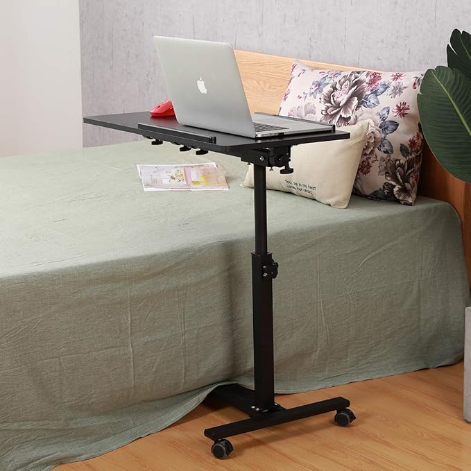 TigerDad Over Bed Table with Wheels Adjustable | Rolling Laptop Table Overbed Desk Hospital Tray Table Sofa Chair Side Table (Black)