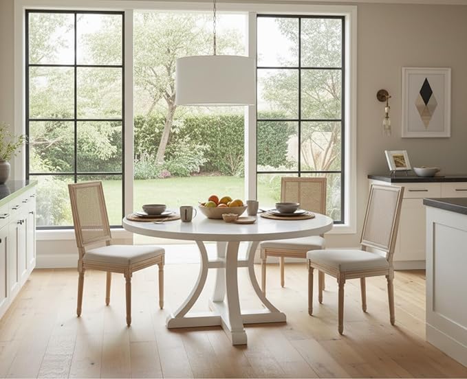 CIMOTA Farmhouse Dining Chairs Set of 4, French Rattan Dining Room Chairs with Rectangle Back/Distressed Wood Upholstered Vintage Side Chairs for Kitchen/Restaurant, Beige/4PCS