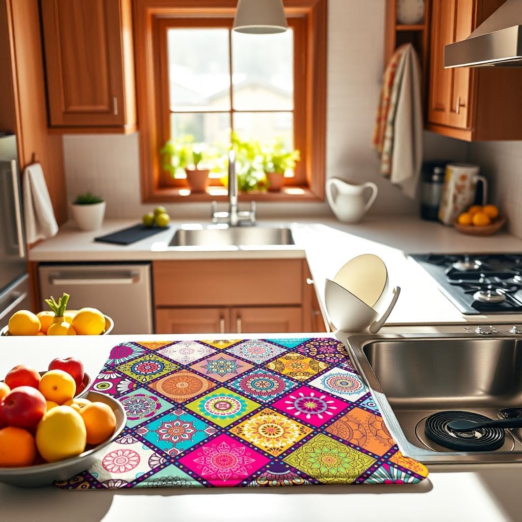 Boho Drying Mat 16" X 18" Abstract Plaid Kitchen Counter Stone Large Dish Drying Mats For Kitchen Colorful Drying Mats For Home Counter Flower Drying Mats For Dishes Dish Table Mat Drying Kitchen Mat