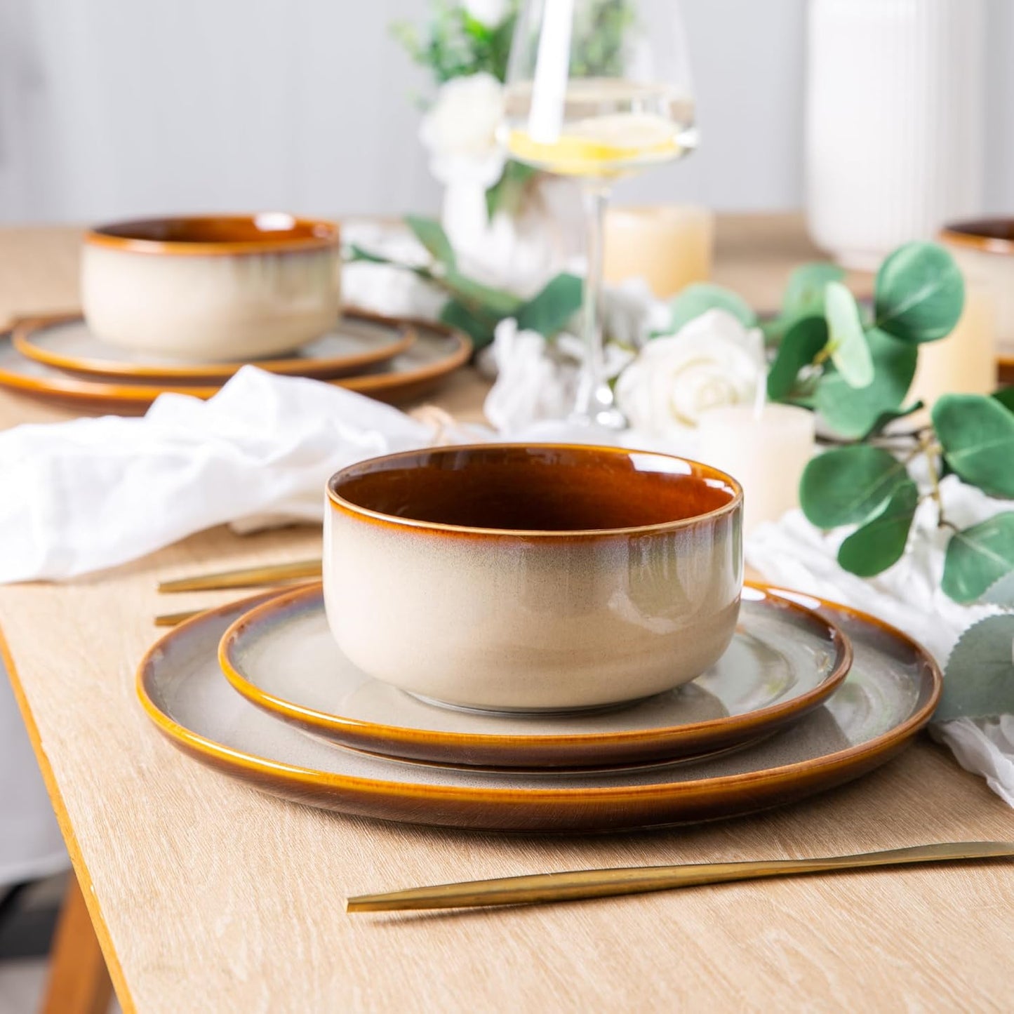 LeRatio Ceramic Dinnerware Sets for 6,Poreclain Plates and Bowls Sets,Handmade Reactive Glaze Dishes Set,Chip Resistant and Scratch Resistant | Oven&Dishwasher & Microwave Safe)-Kahki(18PCS)
