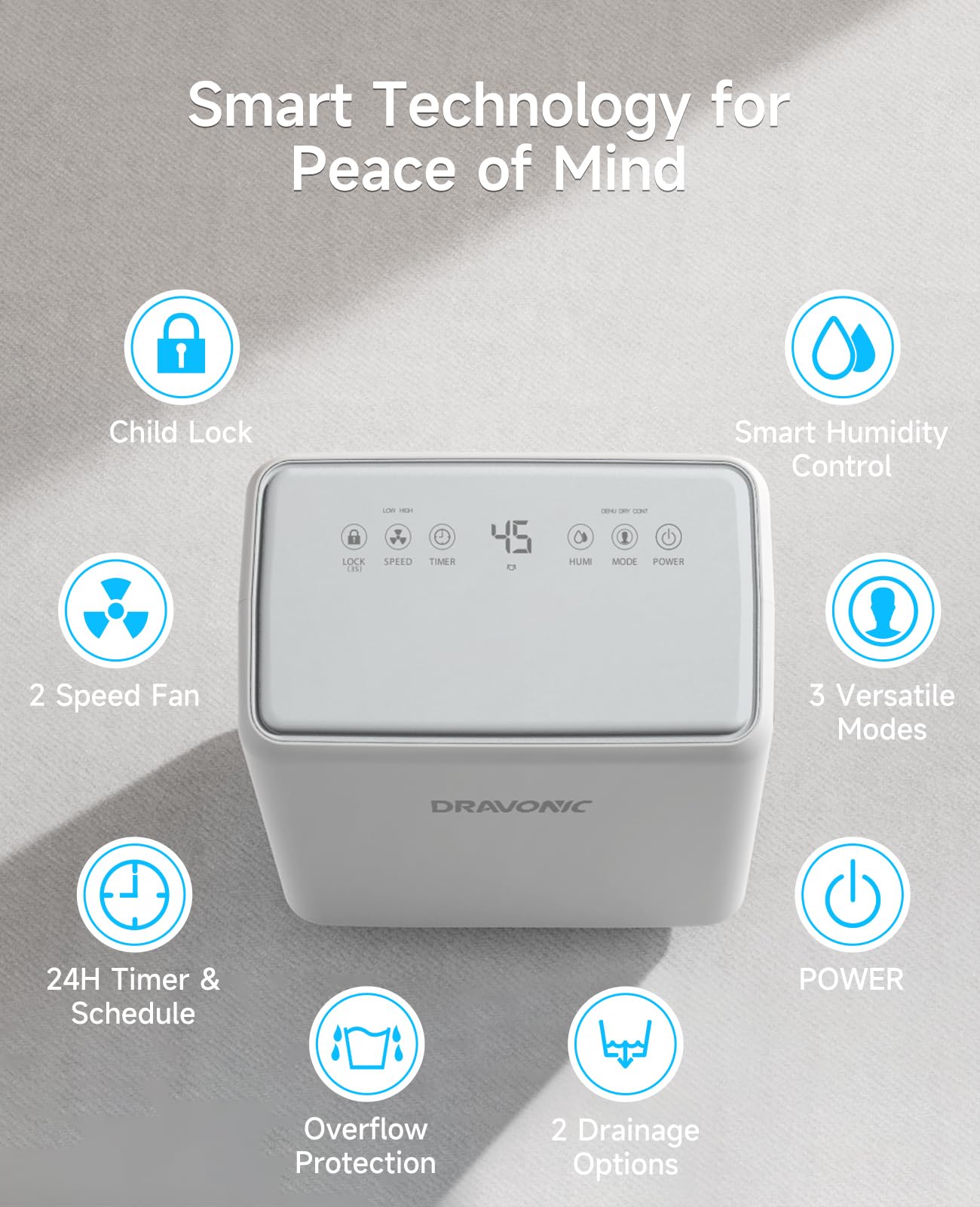 Dravonic 30 Pints Dehumidifier for Basement, 2000 Sq.Ft Dehumidifiers for Home with 3.3ft Continuous Drain Hose, 3 Modes Dehumidifier for Bathroom, Real-Time Humidity Display & Smart Control