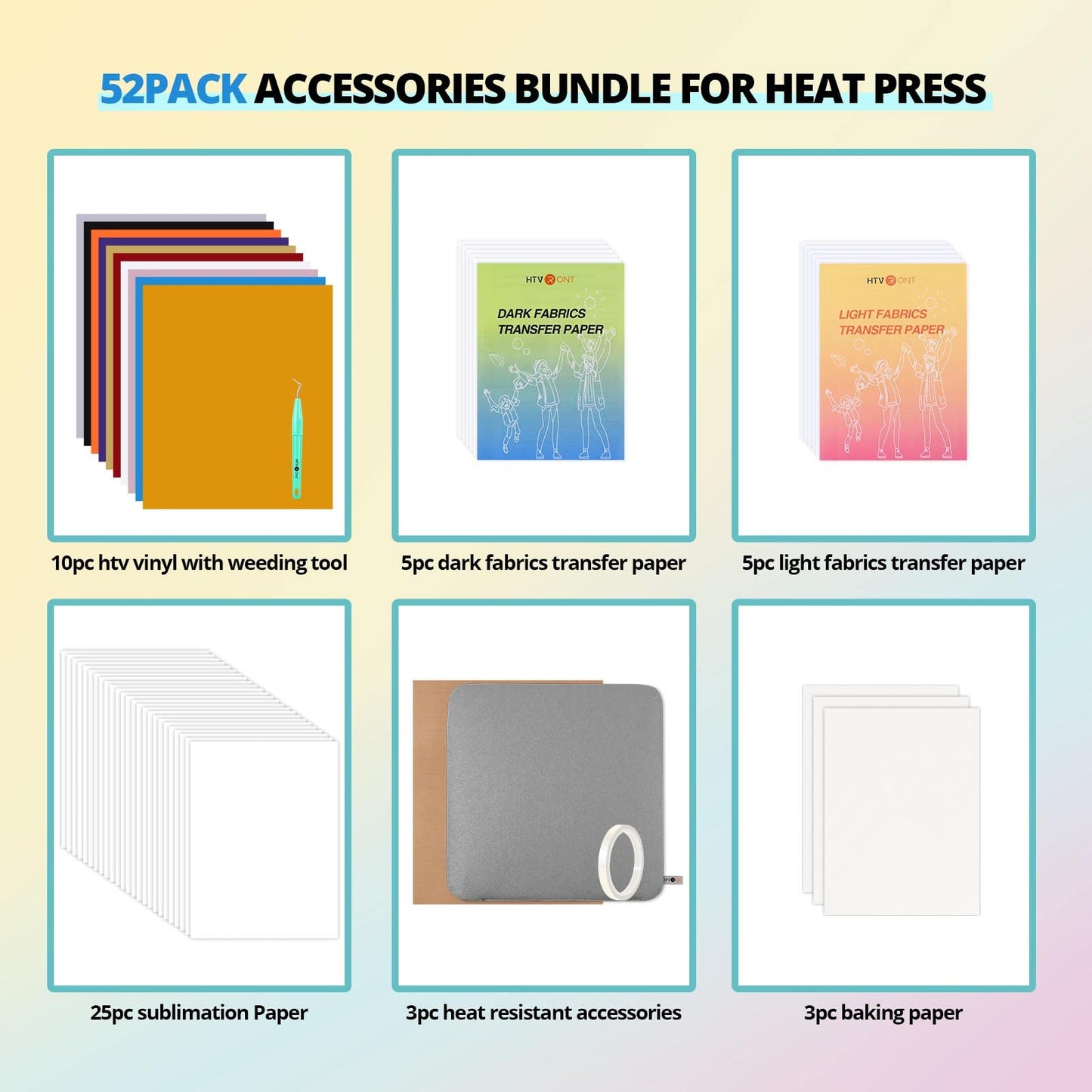 HTVRONT Auto Heat Press Machine for T Shirts - 15x15，52 Pcs Heat Press Accessories & 15"x15" Heat Press Mat for Cricut，12" x 20ft Black & White Heat Transfer Vinyl