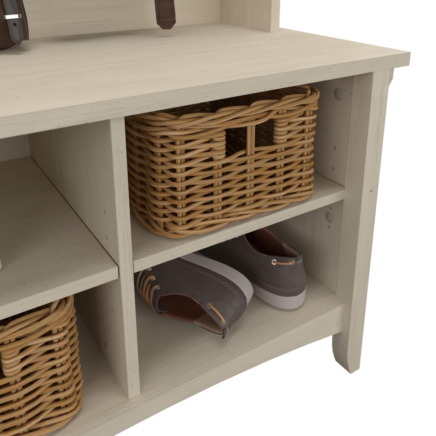 Bush Furniture Salinas Hall Tree with Shoe Storage Bench in Antique White, Multi-Purpose Home Organizer, Entryway Solution with Seating and Hooks