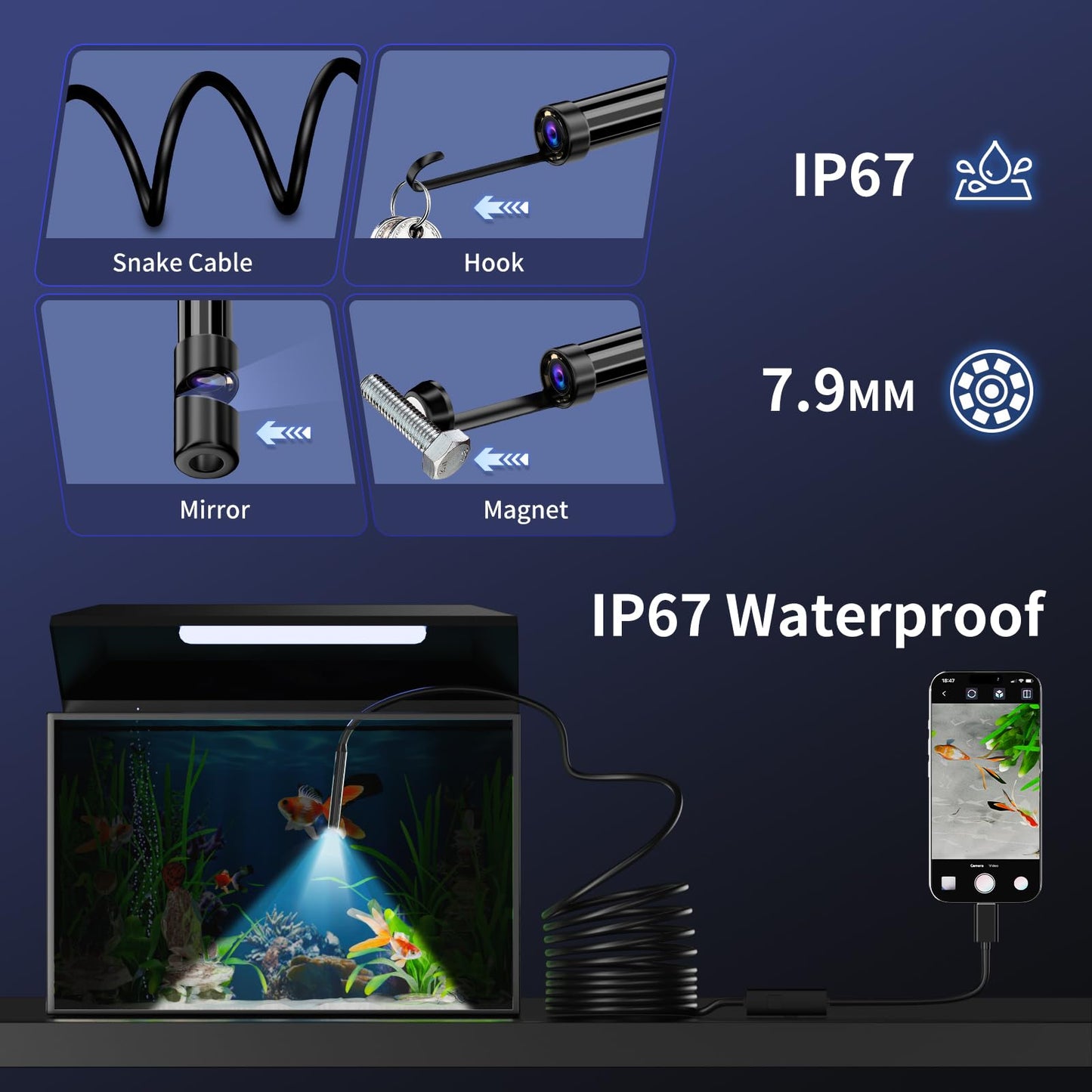 CTEOUNPT Endoscope Camera with Light, 1920P HD Borescope Inspection Camera with 8 Adjustable LEDs, IP67 Waterproof Semi-Rigid Snake Cable for Android, iPhone, and iPad(16.4ft, Single Lens)