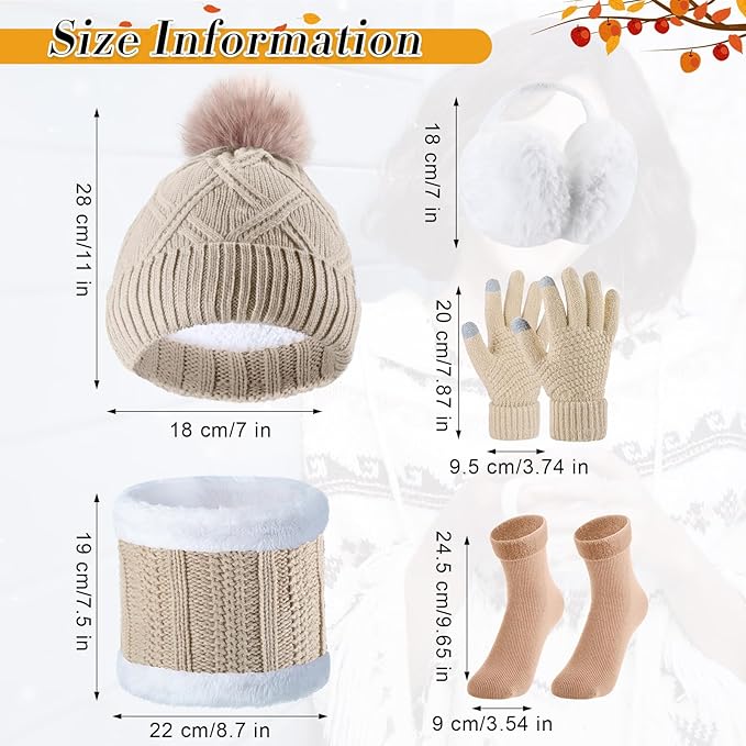 SATINIOR 5 Pcs Winter Hat Scarf Gloves Set Fleece Warm Lined Knit Beanie Hat Touch Screen Earmuff Gloves Warmer for Women(Beige,Stylish Style)
