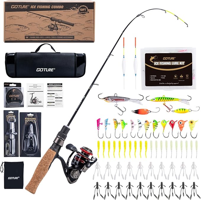 Goture Ice Fishing Rod and Reel Combo with Carry Bag, 24''Medium Spinning Ice Fishing Pole, 58Pcs Jigs & Lures with Storag...