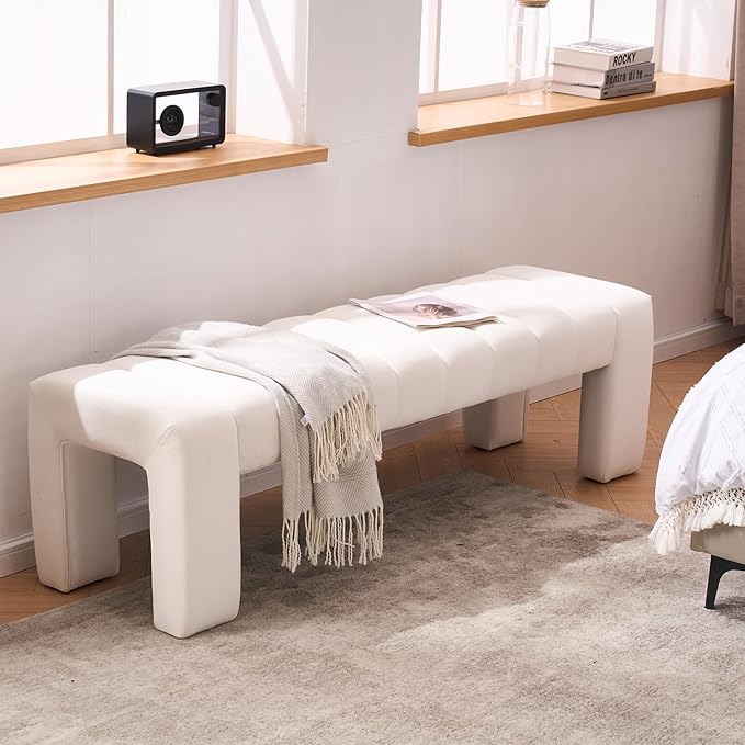 AIITTCC Velvet End of Bed Bench Upholstered Modern 59" Bedroom Bench for King Bed Bench Tufted Window Bench Comfy Long Ottoman for Living Room/Entry/Indoor (Ivory White, 59" Wide)