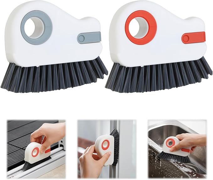 2 PCS 2 in 1 Groove Cleaning Brush (with Hidden Scraper or Mini Dustpan), Multifunction Window Track Cleaner - for Glass Door Tracks, Window Sills, Sliding Doors, Shower Door Tracks (Orange + Grey)