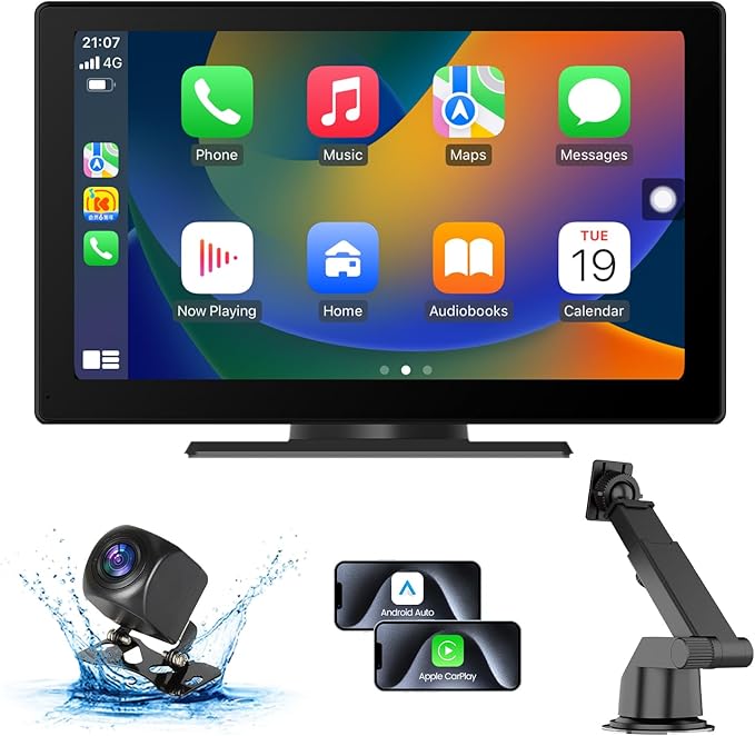 Portable Apple Carplay Screen for Car, 9" HD Car Stereo Screen with Android Auto& Carplay, 1080p Backup Camera, Voice Cont...