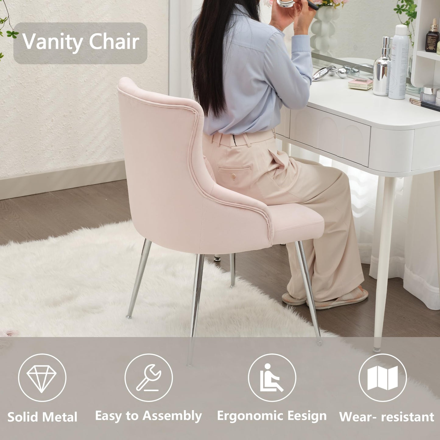 UDAX Velvet Vanity Dining Chairs, Upholstered Makeup Accent Reading Chair, Office Desk Vanity Stool Chairs with Metal Legs for Kitchen, Bedroom, Living Room, Pink