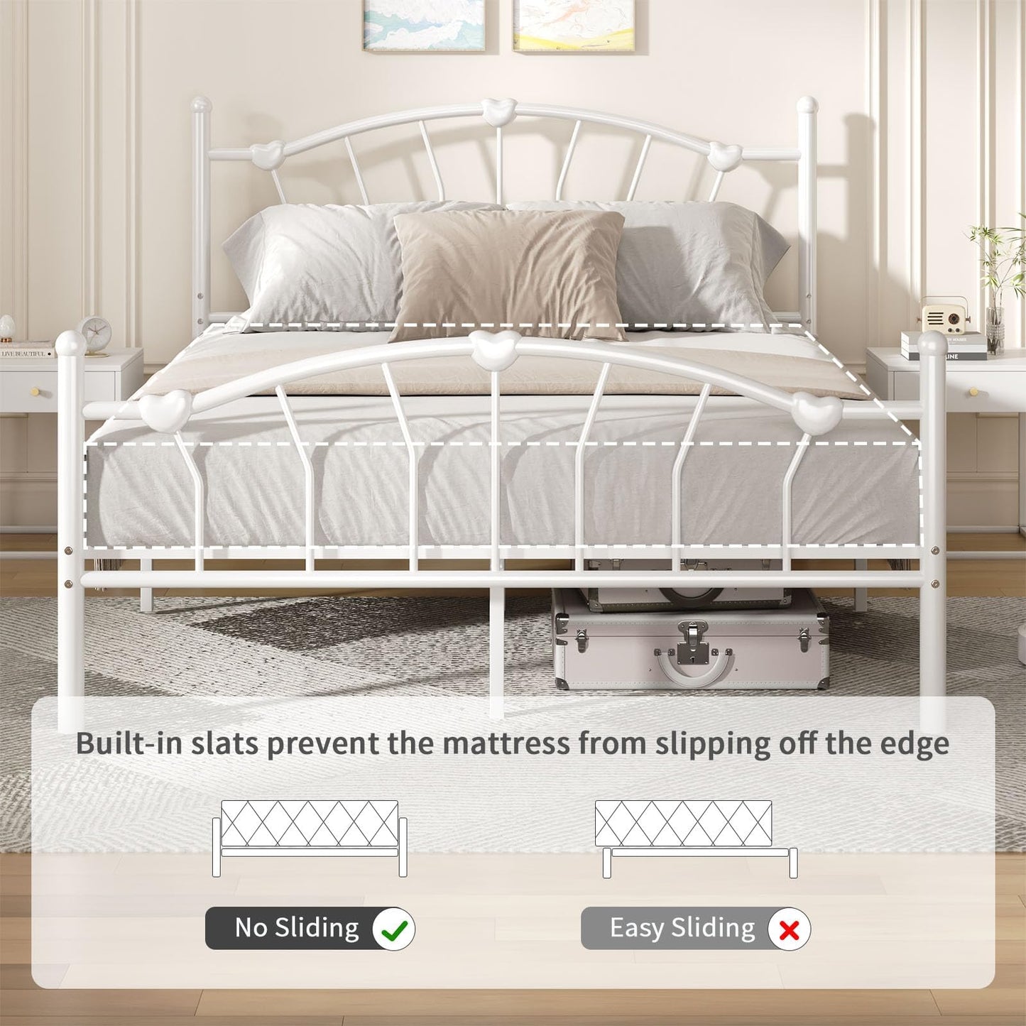 Metal Bed Frame Full Size, Full Bed Frame with Headboard, Heart-Shaped Decorative Headboard and Footboard, Heavy Duty Metal Slat Support, No Box Spring Needed, Noise-Free, Easy Assembly, White