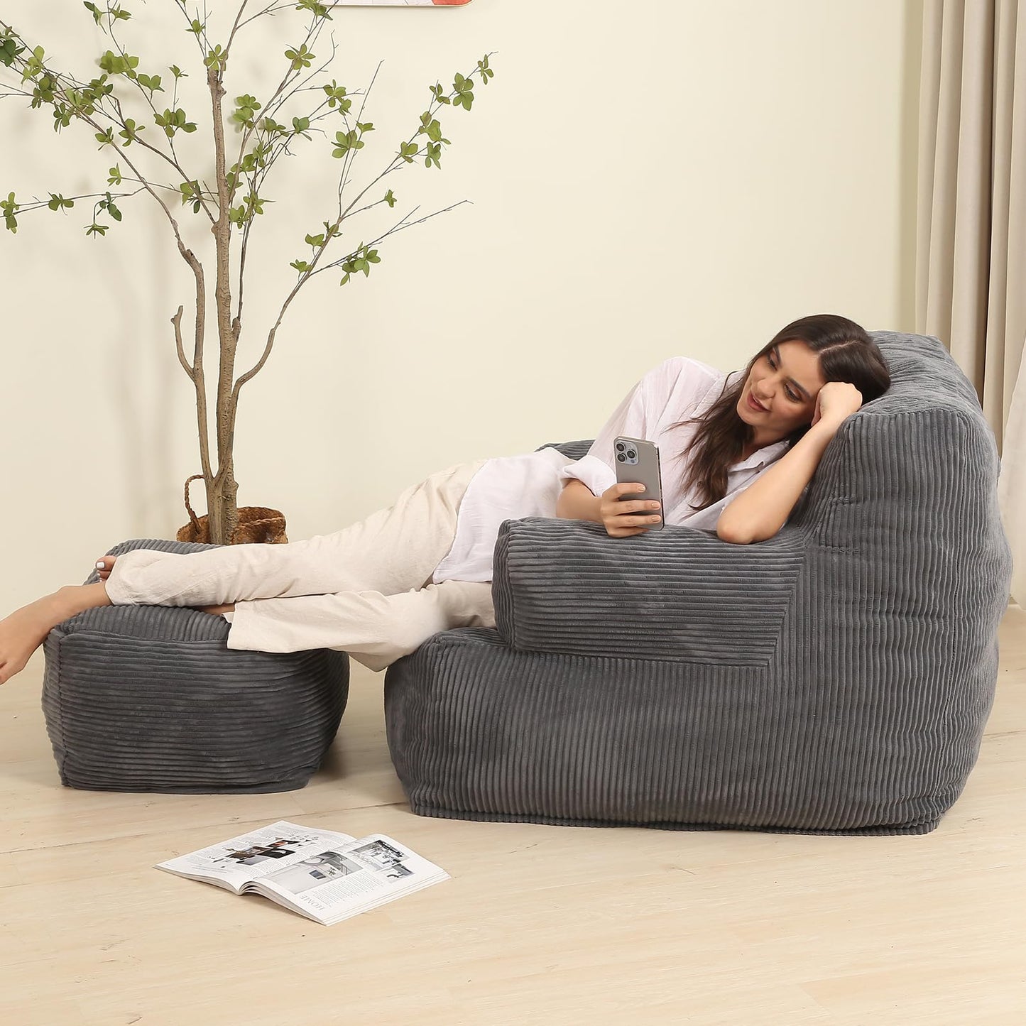 MOMCAYWEX Comfy Gaint Bean Bag Chair with Ottoman, Huge Bean Bag Armchair for Adults and Teens, Dark Grey