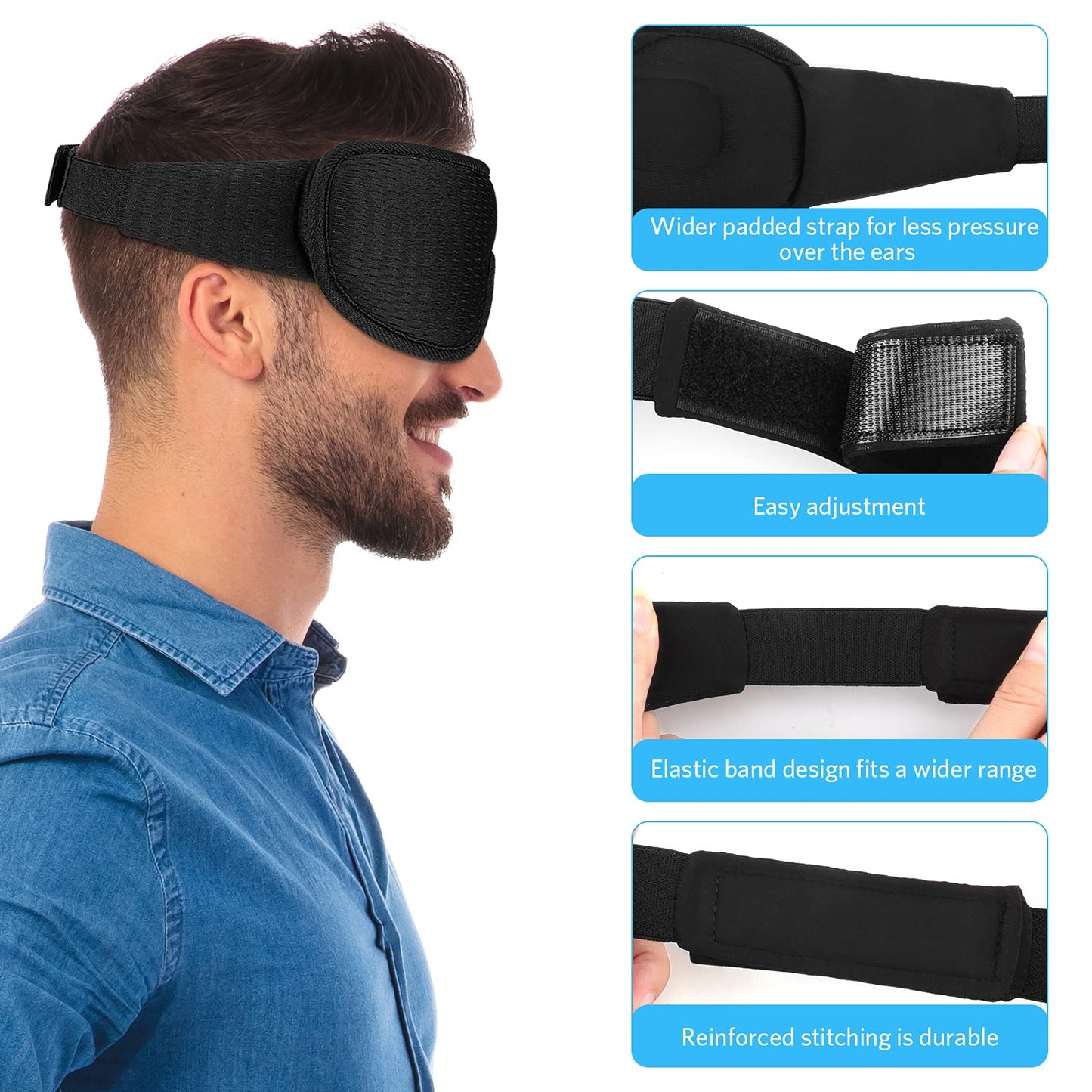 RIWISLL Sleep Mask, Super Soft 3D Contoured Cup Sleeping Mask, Upgraded 100% Blockout Light Sleep Masks for Women Men with Adjustable Strap, Comfortable Concave Molded Eye Covers for Sleeping, Black