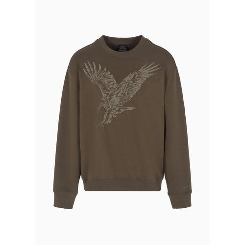 Armani Exchange Men's Embroidered Eagle Cotton Poly Interlock Fleece Sweatshirt, Black Olive, Medium