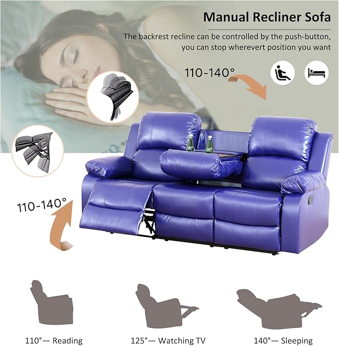 A Ainehome Living Room Furniture Set Leather Recliner Sofa Set Loveseat Chair Furniture Sofa Set for Living Room/Small Space/Rv/House/Office/Theater Seating (A-Blue Leather, Sofa(3seater))