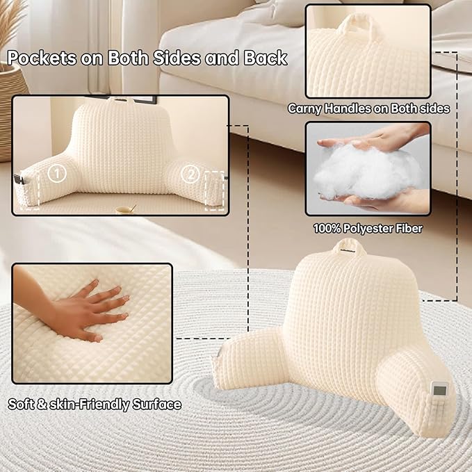 PAJEO Reading Pillow for Sitting in Bed, Large Backrest Reading Pillow with Arm Rest,Back-Rest Support Cushion for Sit Up on Couch, Sofa, and Floor, Dorm Essentials (Cream Flannel, Standard(17inch))