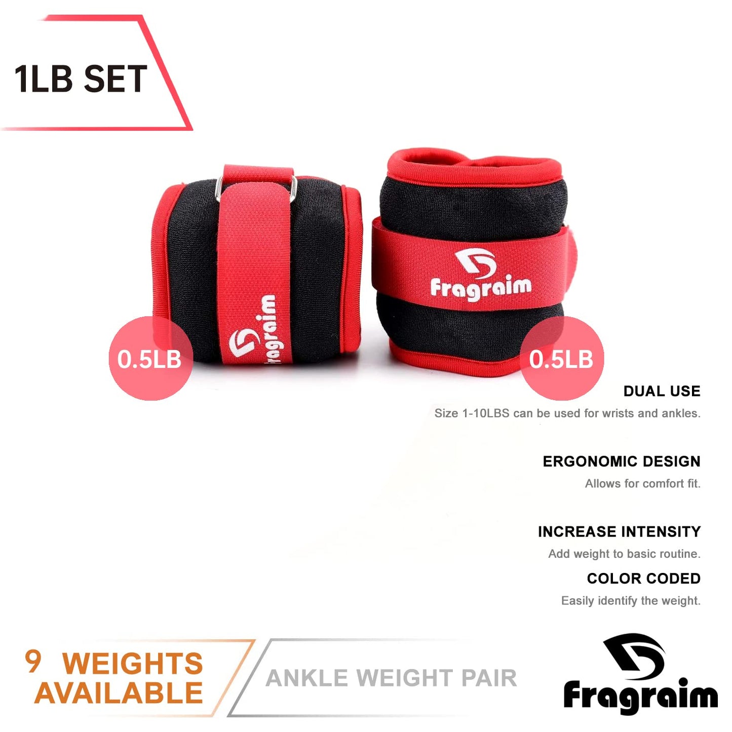 Ankle Weights for Women, Men and Kids - 0.5 LB x 2 Strength Training Wrist/Leg/Arm Weight with Adjustable Strap for Jogging, Gymnastics, Aerobics, Physical Therapy (Red)