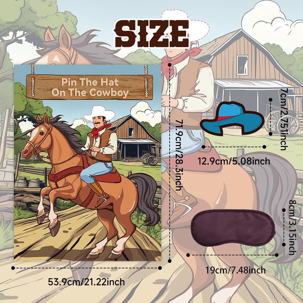 Pin The Hat on The Cowboy Party Games - Western Birthday Party Decorations Horse Theme Poster with 24 Stickers & 1 Eye Mask Wall Game Photo Background for 24 Players