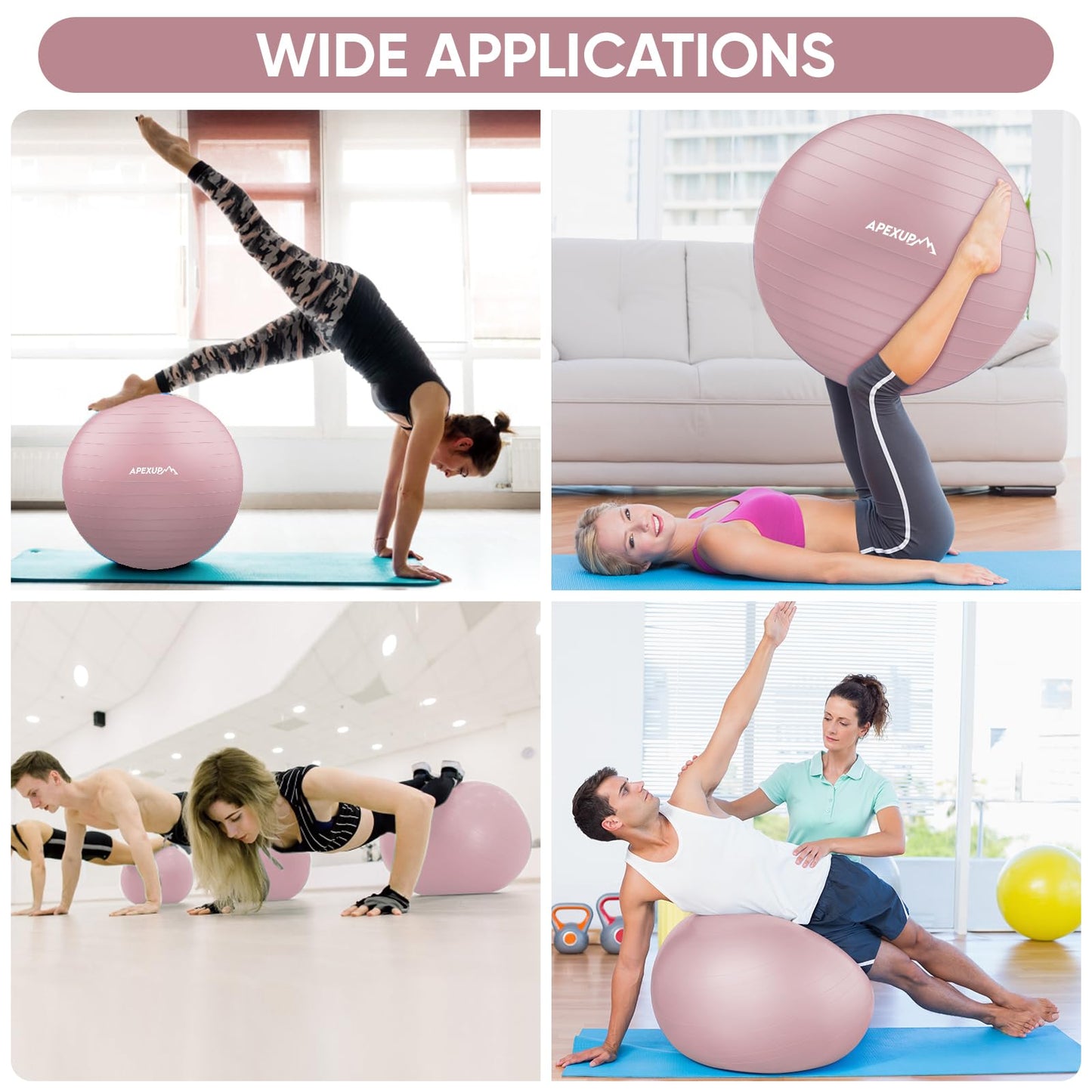 APEXUP Yoga Ball Exercise Ball, Anti Slip Stability Ball Chair, Heavy Duty Large Gym Ball for Fitness, Balance, Core Workout and Physical Therapy (M (19"~22) 55cm, Pink)