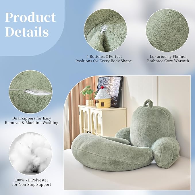 PAJEO Reading Pillow for Bed,U Shaped & Back Support Pillow for Bed,19" Backrest with Lumbar & Arm Support,Luxurious Faux Rabbit Fur,Gaming PillowFor Crochet/Reading/Watching TV,Green