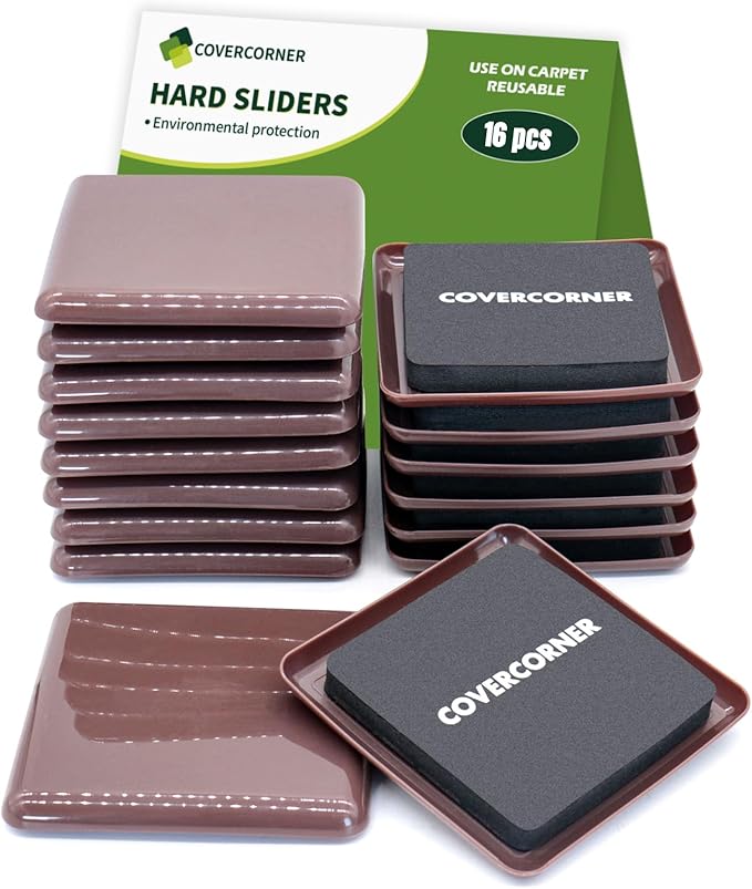 COVERCORNER Furniture Sliders for Carpet 16 PCS - 3 1/2 inch Furniture Moving Slider Chair Legs Floors Protectors Square Furniture Movers Sliders – Move Your Furniture Easy & Safely(for Carpet)-Brown