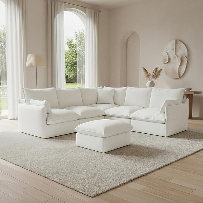 Lopzeho Cloud Modular Sectional Sofa, Waterproof Down Filled Sectional Sofas, High Backrest V Shaped 5 Seater Sectional Couch with Ottoman, Modern Modular Couch with Removable Cover, Cream White